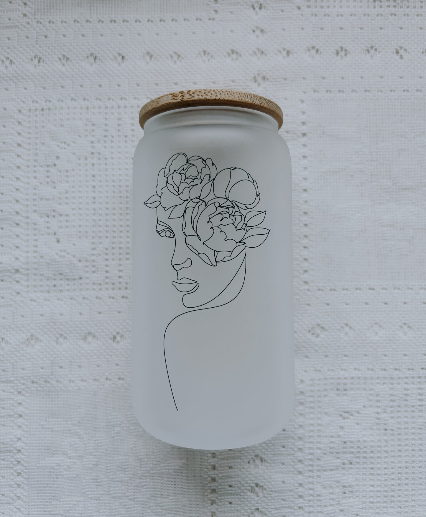 Floral Face Line Art Frosted Glass Cup